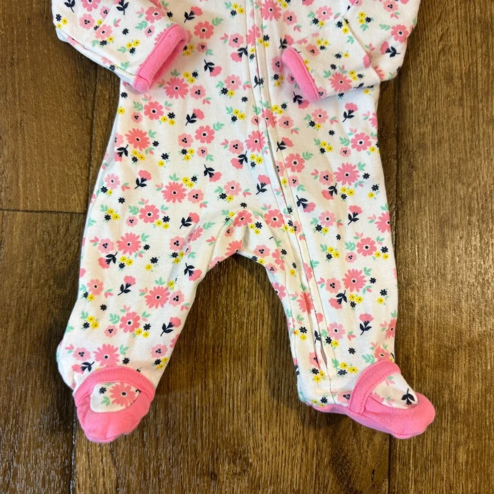 Baby Sleeper Girl Preemie Clothes Zipper Flowers Pink White Outfit One Piece